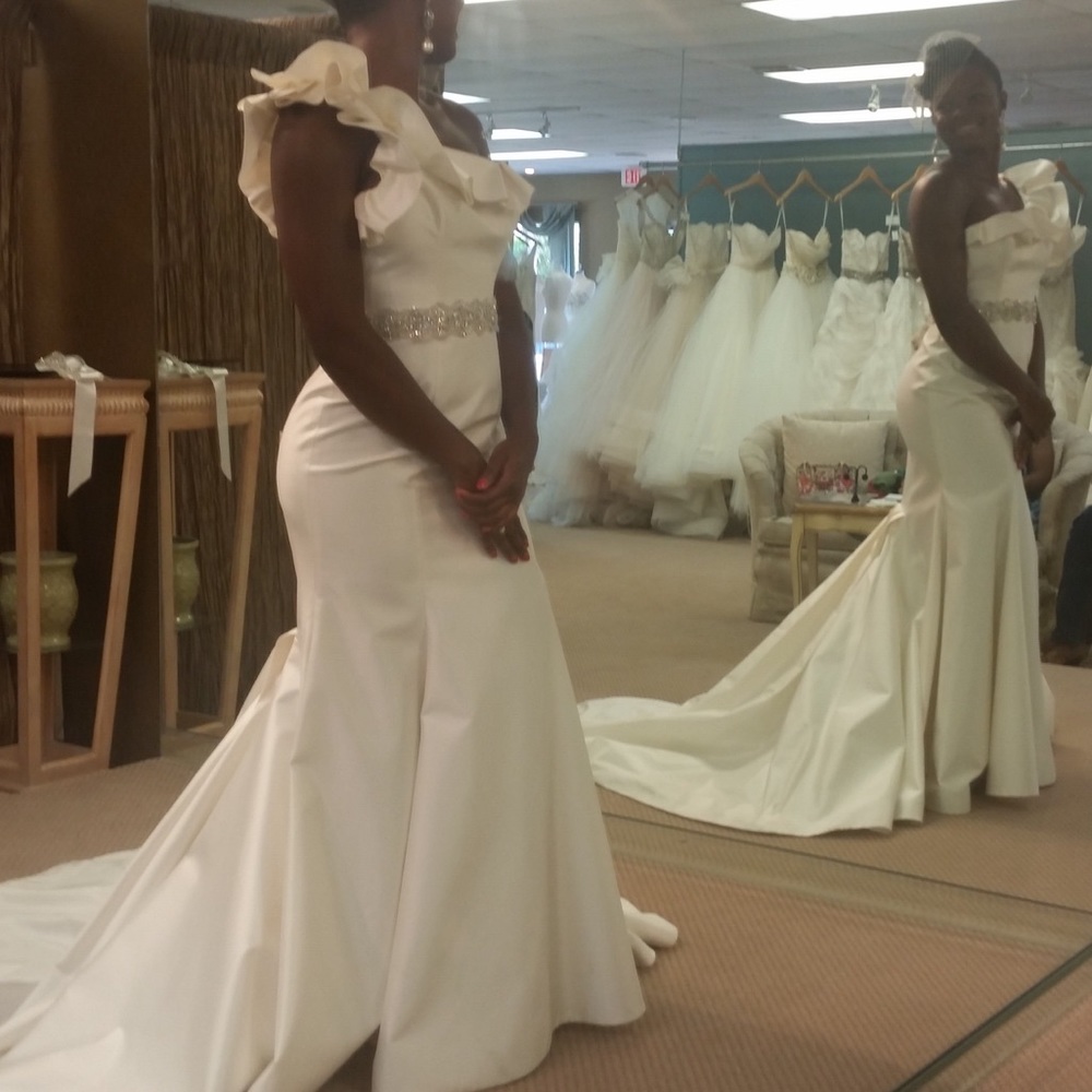 Romona Keveza one shoulder flare gown